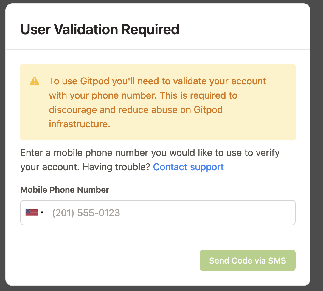 gitpod phone validation